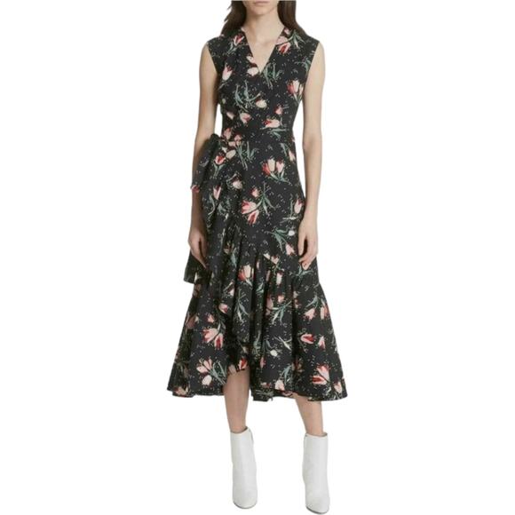 NWOT $495 REBECCA TAYLOR Black Floral Tulip Print Ruffle Wrap Midi Dress Sz 4 - Picture 1 of 8